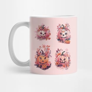 4 Pink Pumpkin face, with floral and orange flowers, cute Halloween Mug